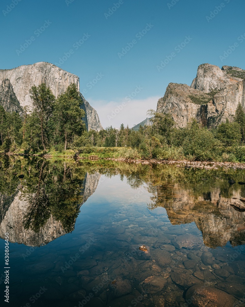 Tranquil areal shot of a reflection lake at Yosemite