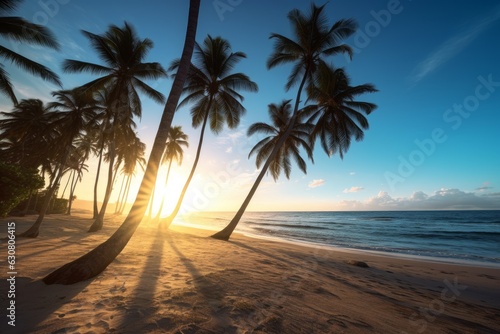 A beach with palm trees and the sun setting