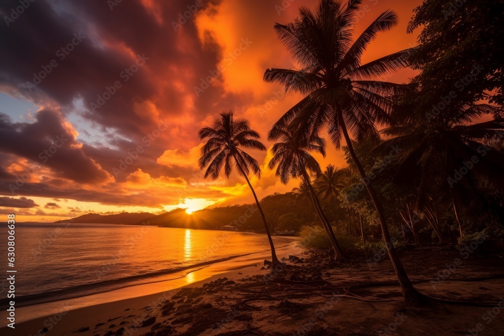 A sunset on a tropical beach with palm trees
