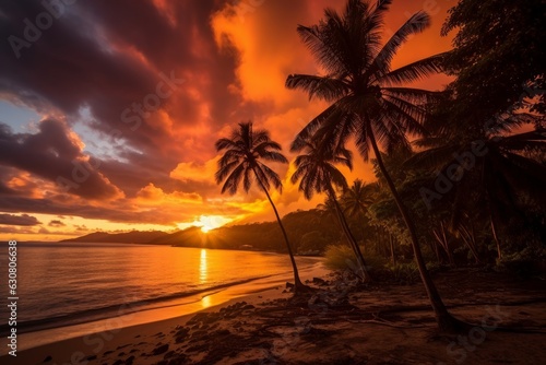 A sunset on a tropical beach with palm trees
