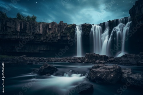 A waterfall in the middle of a body of water in night using long exposure