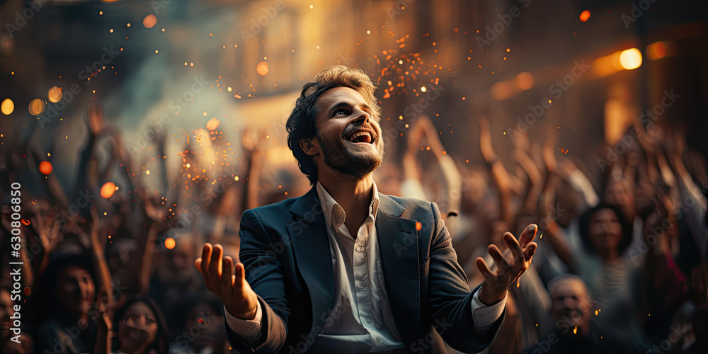 Praising Performance successful speaker at the conference surrounded by a lot of people ...