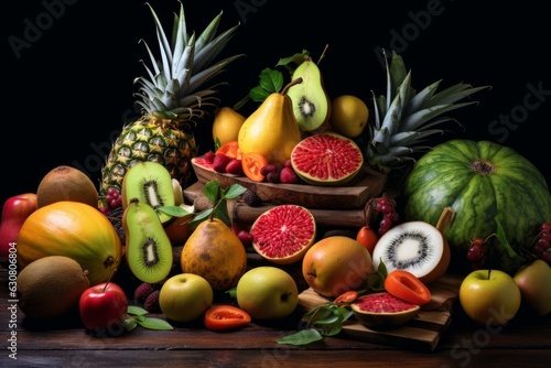 A pile of fruit sitting on top of a wooden table