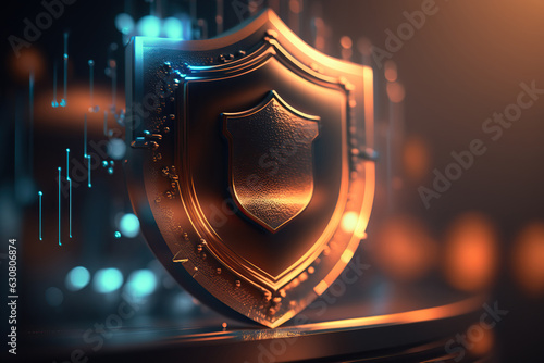 Cyber security digital shield for protecting data, abstract futuristic horizontal background.