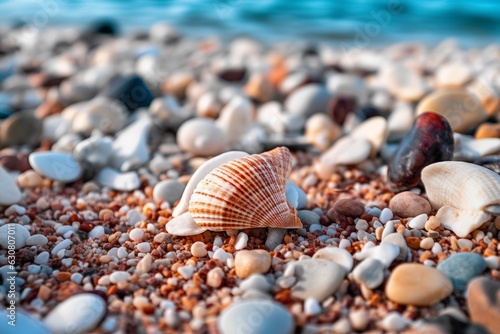 A close up of shells and pebbles on a beach