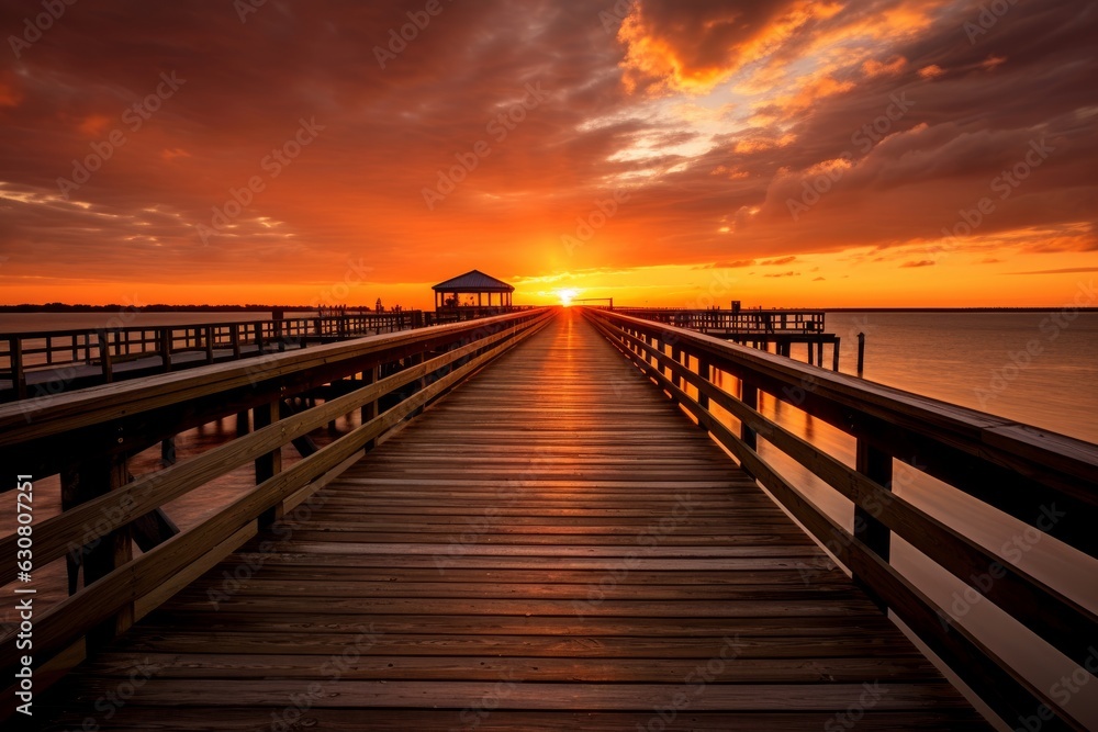 A pier with a sunset in the background