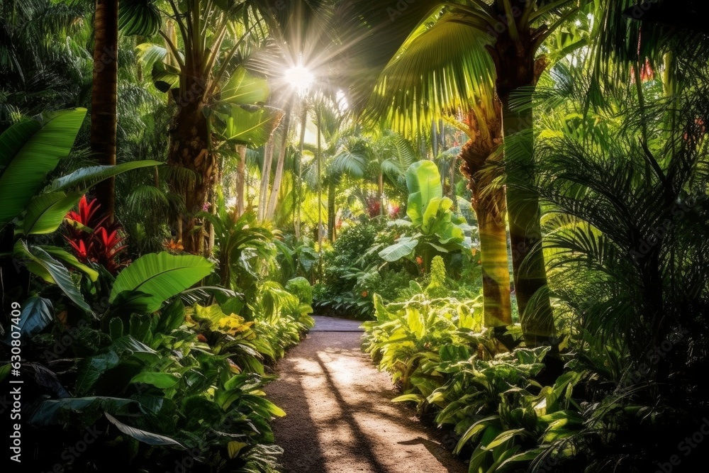 The sun shines through the trees in a tropical garden