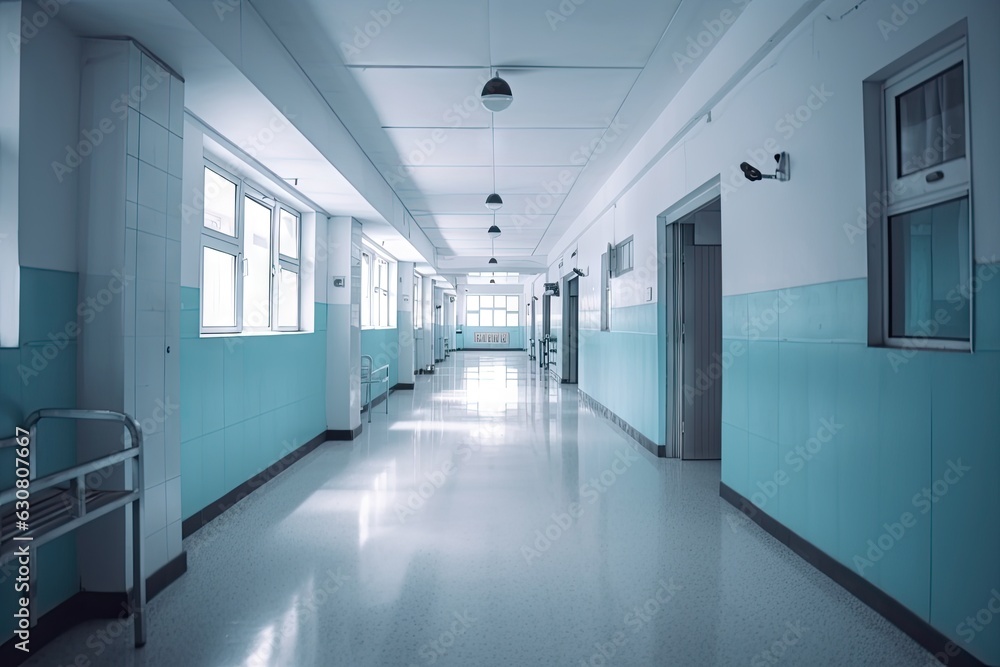 Medical Facility. Clean Hospital Corridor with Modern Architecture