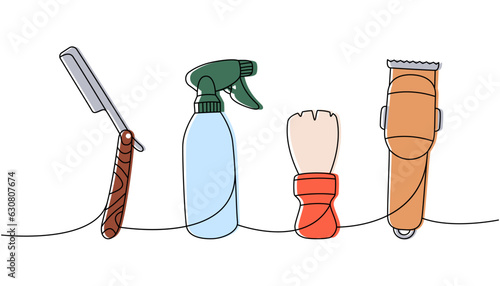 Barber shop tools one line colored continuous drawing. Sharp razor blade, hairdresser atomizer, brush, hair clipper continuous one line illustration.