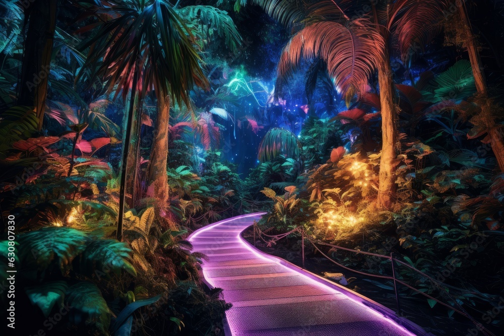 A pathway in a tropical forest lit up with purple lights