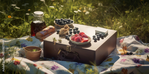Summer picnic background. A rustic brunch. outdoors breakfast. Summertime. Top view. Linen tablecloth on the forest glade with wicker backet and croissant. Generative ai. photo