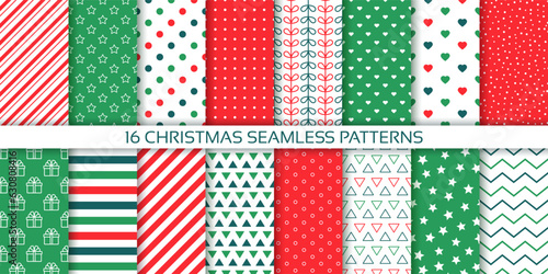 Christmas pattern. Holiday seamless background. Xmas prints with candy cane stripes, polka dot, zigzag, stars. Set of red green textures. Retro New year wrapping paper. Vector illustration