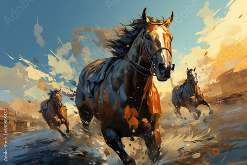 Cartoon horse race, riders compete in equestrian sport Generative AI photo