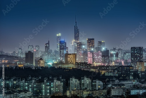 the city lights shine brightly over a large town on the hill © Yang6/Wirestock Creators