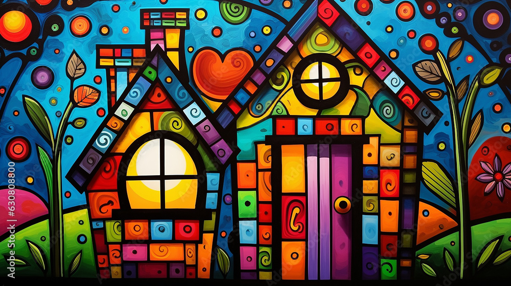 casa em pintura arte cubismo colorida 