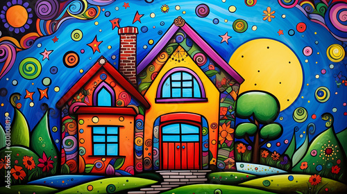 casa em pintura arte cubismo colorida 