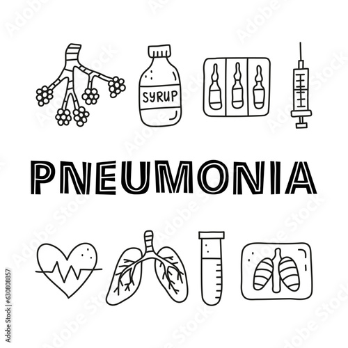 Poster with lettering and doodle outline pneumonia icons.