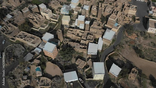 Aerial view of stone and mud houses in al Khalaf  Sarat Abidah  Saudi Arabia photo