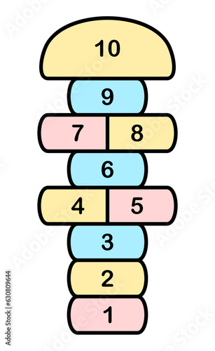 A playful illustration of a hopscotch game with numbered blocks from 1 to 10, featuring a pastel color palette on a white background. Traditional game for children.