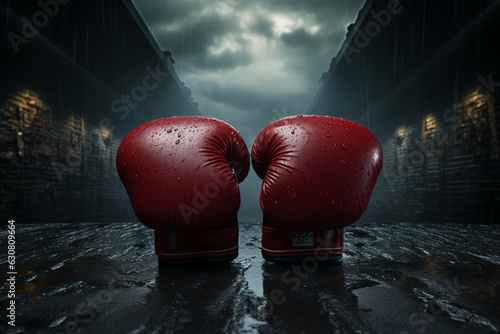 Dramatic boxing gloves poster, text room on sides Generative AI photo