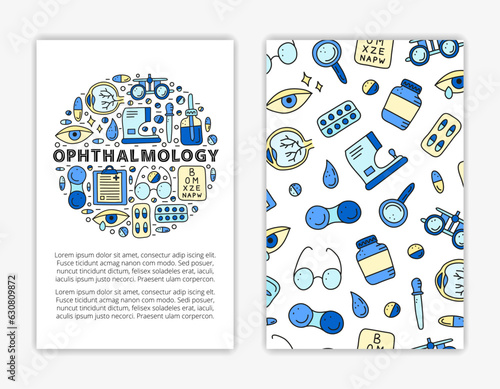 Card templates with doodle colored ophthalmology icons.