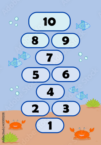 hopscotch game with marine theme background. Learning numbers the fun way. 