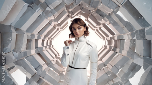 Model Frau in designer Lack und Leder Kleidung weiß mit futuristischen eleganten Lichter Hintergrund, ai generativ