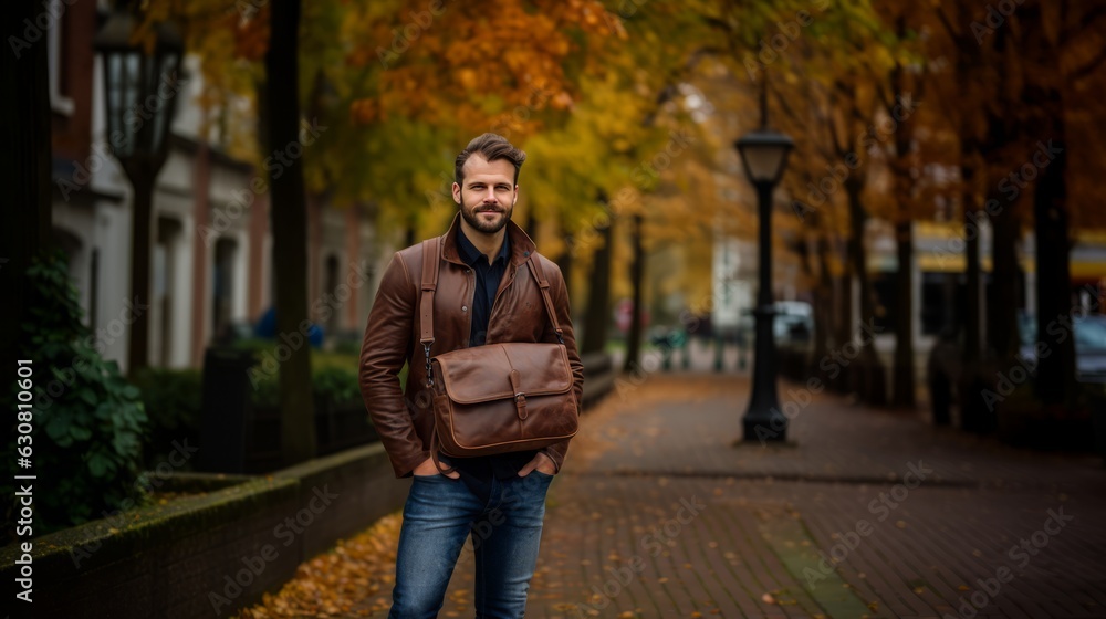 Fototapeta premium Caucasian man with brown leather messenger bag in autumn park