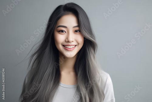 Headshot of girl with a long hair and little natural curly hairstyle wearing tshirt isolated on white grey background. Beauty girl with long and shiny wavy Hair. Generative AI.