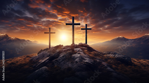 crucifixos em alto de montanha em por do sol 