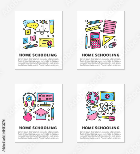 Cards with lettering and doodle outline education, e-learning icons.