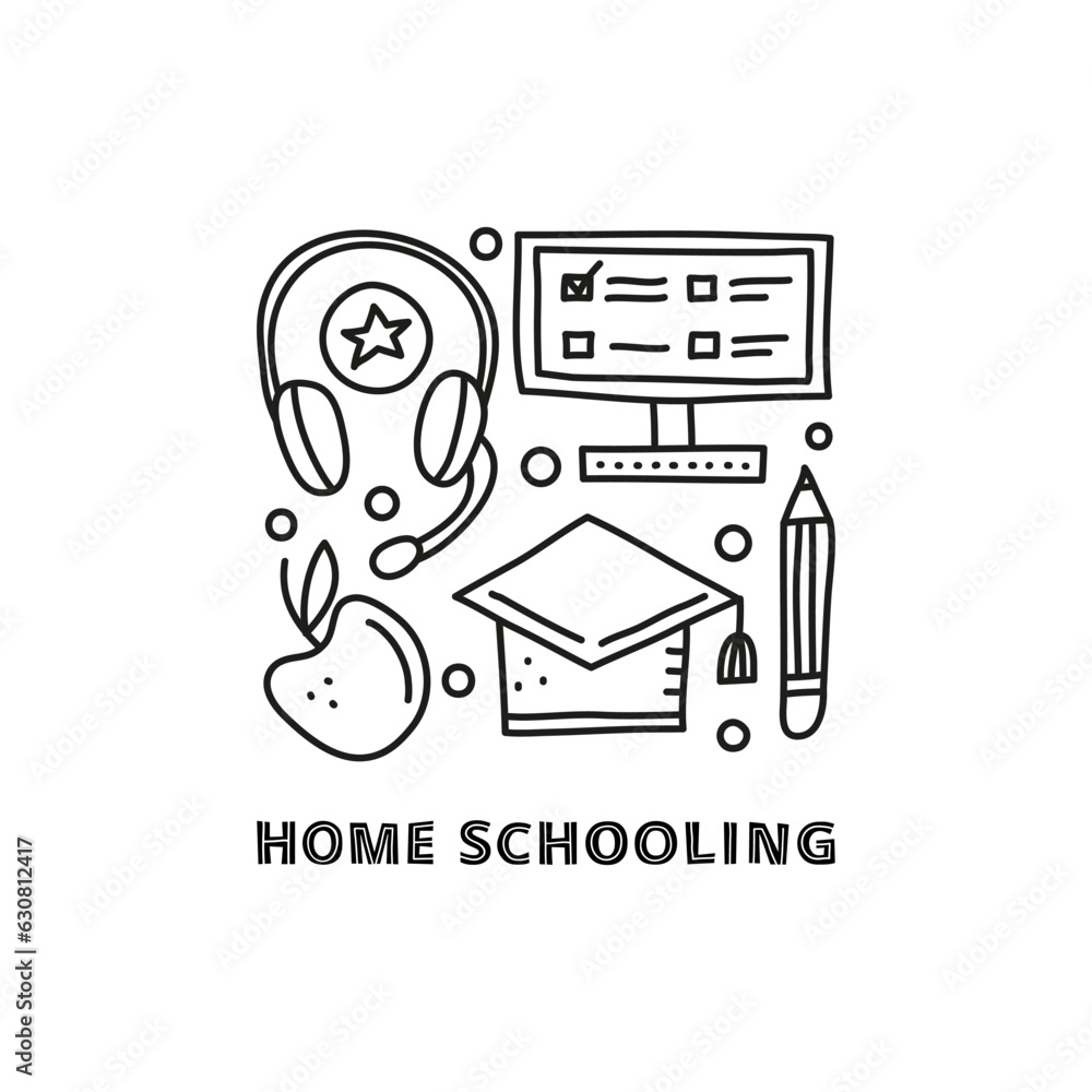Group of doodle outline education, e-learning icons.