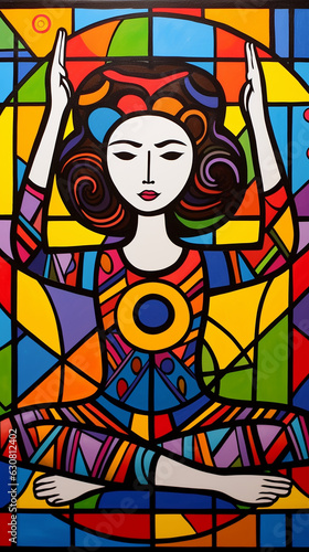 jovem mulher praticando yoga, cubismo em arte colorida 