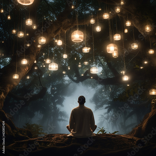 a man sitting in a meditation position under a tree with lanterns hanging from the branches