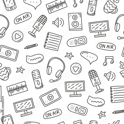 Seamless pattern doodle outline podcast icons.
