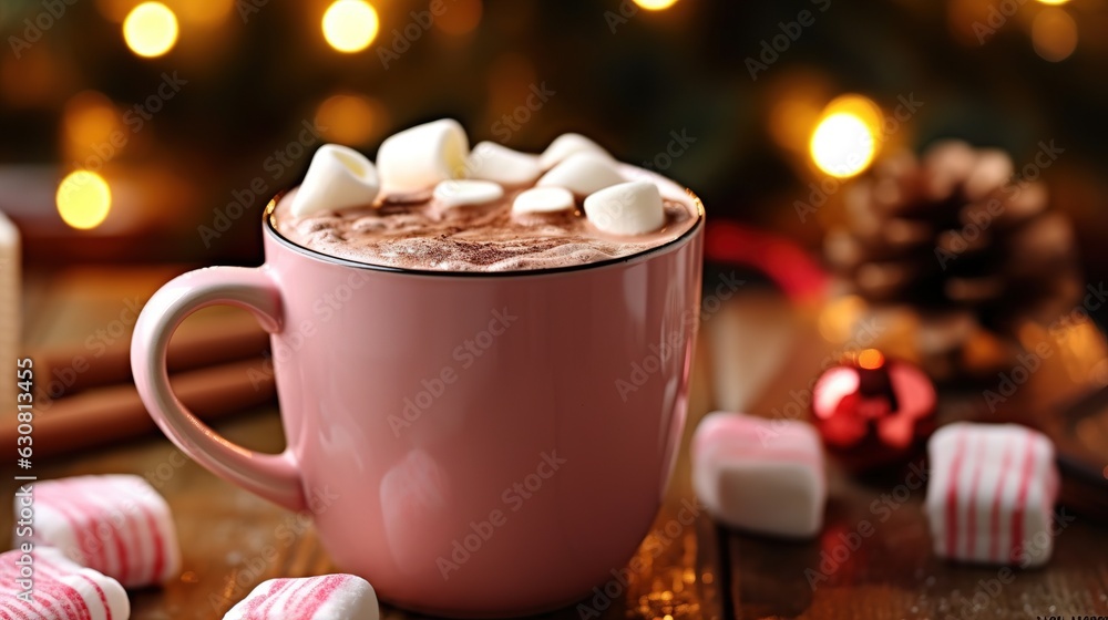 Hot chocolate drink with marshmallows. Fir cones, spices in the background. the feeling of Christmas. Generative AI Hot chocolate drink with marshmallows. Fir cones, spices in the background. the feeling of Christmas. Generative AI