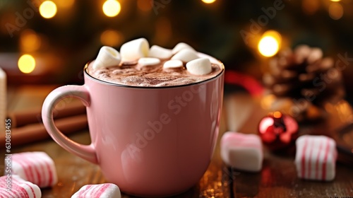 Hot chocolate drink with marshmallows. Fir cones, spices in the background. the feeling of Christmas. Generative AI