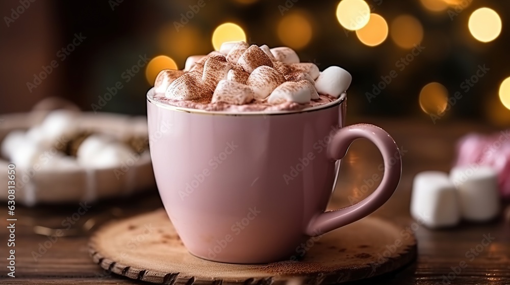Hot chocolate drink with marshmallows. Fir cones, spices in the background. the feeling of Christmas. Generative AI Hot chocolate drink with marshmallows. Fir cones, spices in the background. the feeling of Christmas. Generative AI