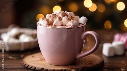 Hot chocolate drink with marshmallows. Fir cones, spices in the background. the feeling of Christmas. Generative AI