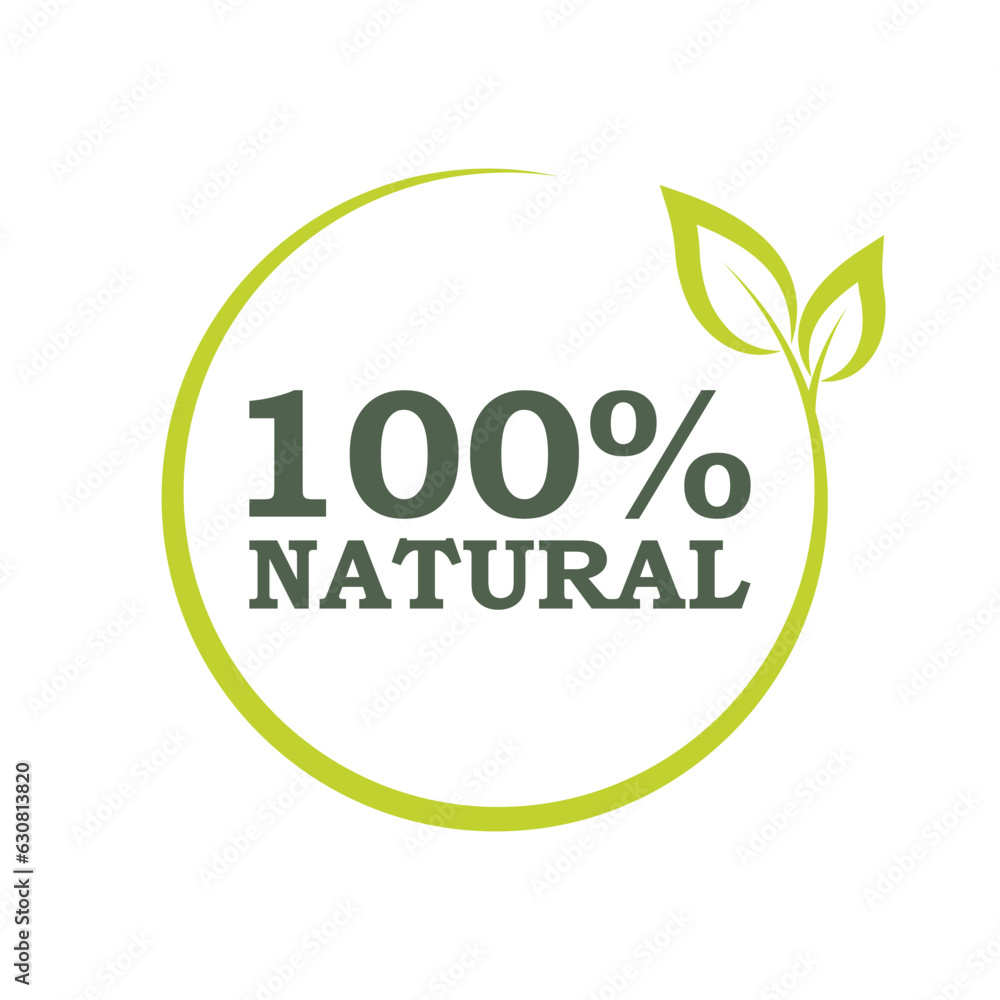 100% natural products sticker, label, badge and logo. Ecology icon. Logo template with green leaves for organic and eco friendly products. Vector illustration 100% natural products sticker, label, badge and logo. Ecology icon. Logo template with green leaves for organic and eco friendly products. Vector illustration