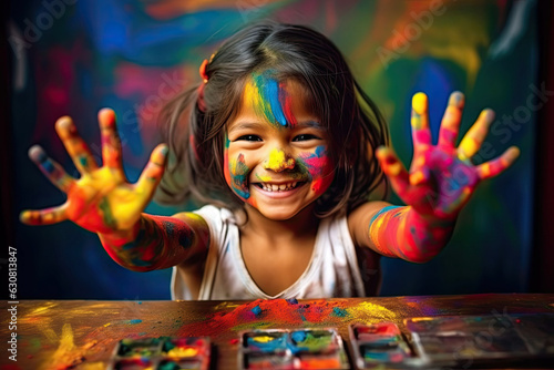 An adorable little girl grinning widely  her hands covered in bright  multicolored paint  symbolizing childhood creativity.generative ai