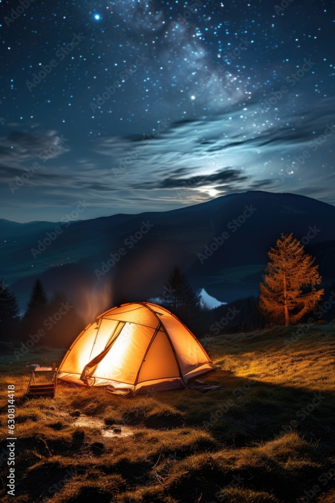 Camping in the wilderness. A pitched tent under the glowing night sky stars of the milky way