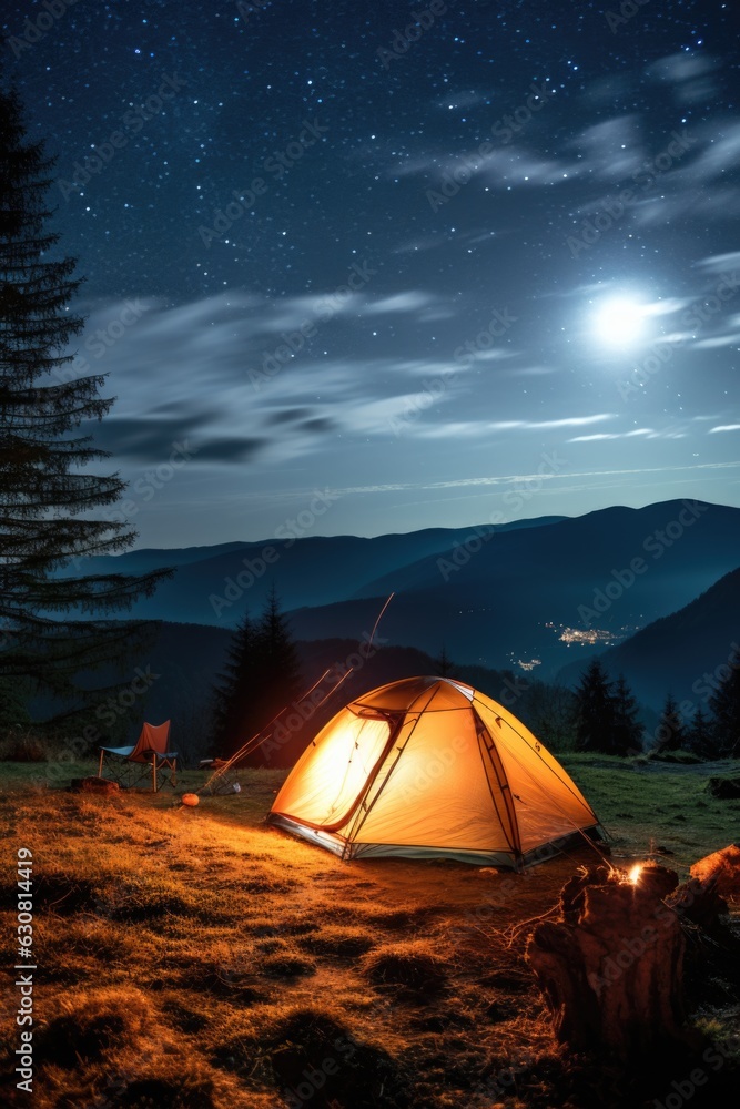 Camping in the wilderness. A pitched tent under the glowing night sky stars of the milky way