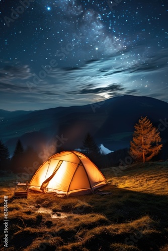 Camping in the wilderness. A pitched tent under the glowing night sky stars of the milky way