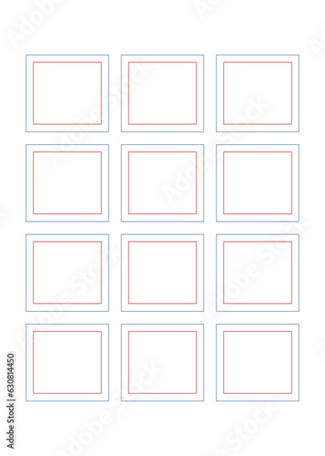Isolated simple notebook page for a storyboard or notes, 3 columns and 4 rows, blue and red squares.
