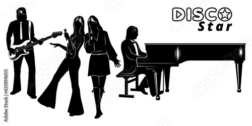 Disco Group Silhouettes Set. Guitarist, pianist and two singer women. All figures are the separate objects. Vector cliparts isolated on white.