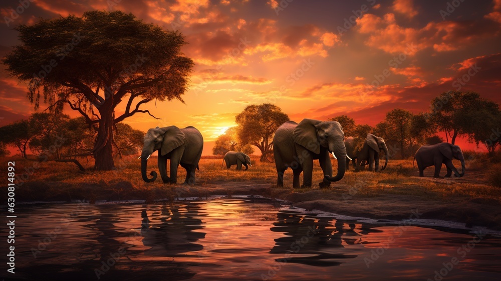  a group of elephants walking across a field near a body of water.  generative ai - obrazy, fototapety, plakaty 