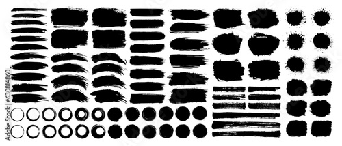 Black ink paint brush stroke, grungy line, frame, watercolor splash and splatter set on white background. Freehand grunge texture, dirty brush or circle art. Social media vector decoration ornament.