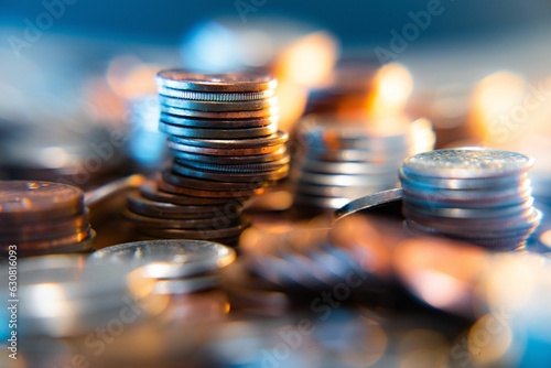 Nickels dimes and quarters with a shallow depth of field and selective focus about to collapse