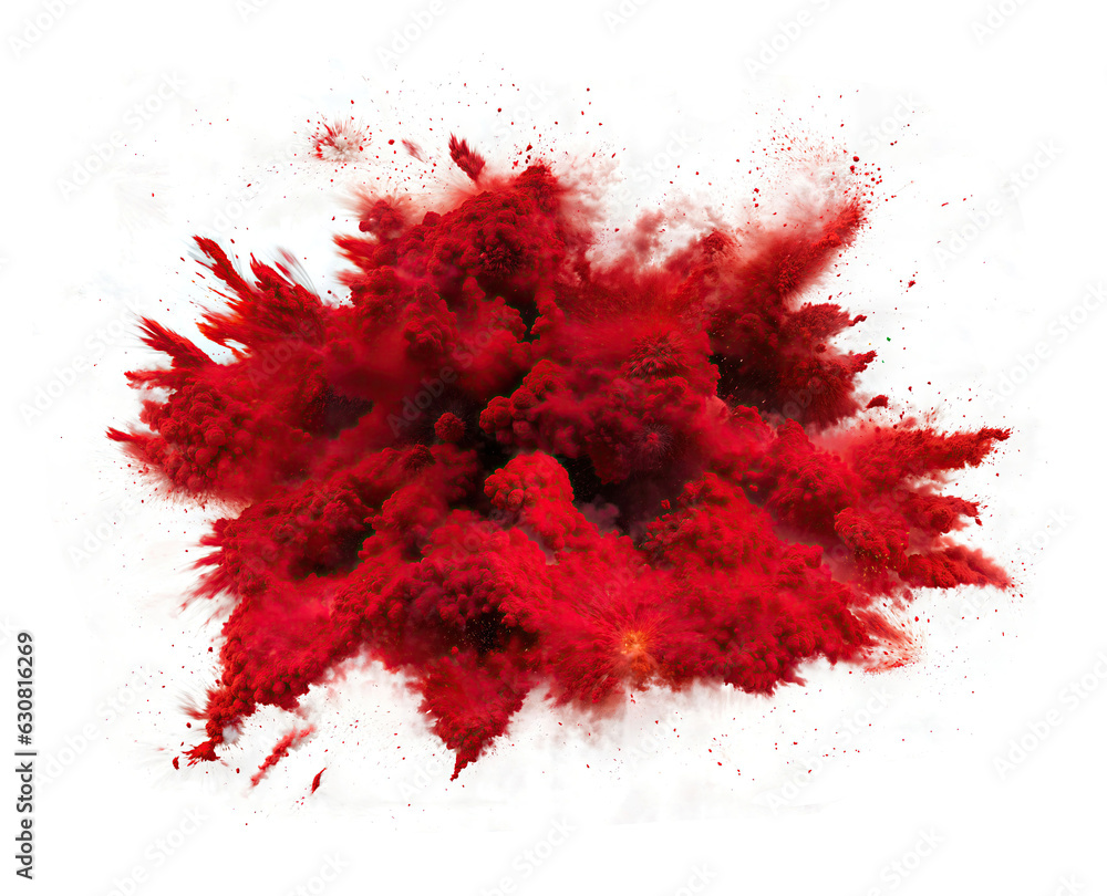 An explosion of red powder paint, holi flying particles, on a white background.

